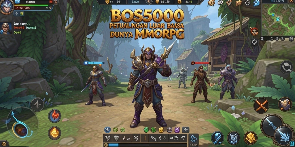 Screenshot gameplay BOS5000 menampilkan pertarungan epik di dunia MMORPG.