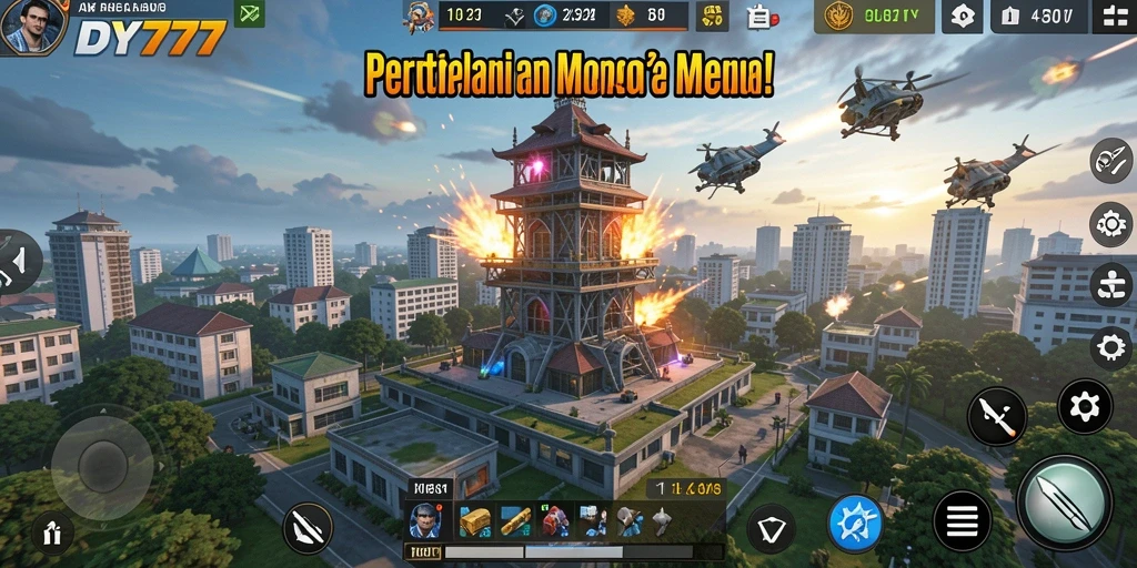 Screenshot gameplay DY777 menampilkan menara dan musuh dalam aksi Tower Defense.