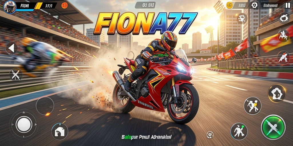 Gameplay seru FIONA77 dengan balapan motor yang menegangkan.