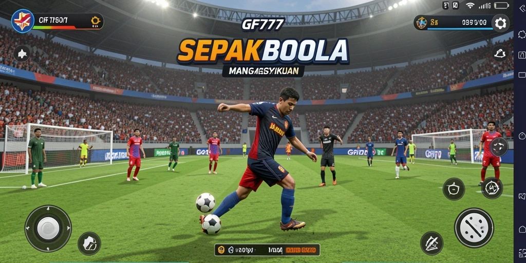 Tampilan gameplay GF777 dengan aksi sepak bola yang mendebarkan.