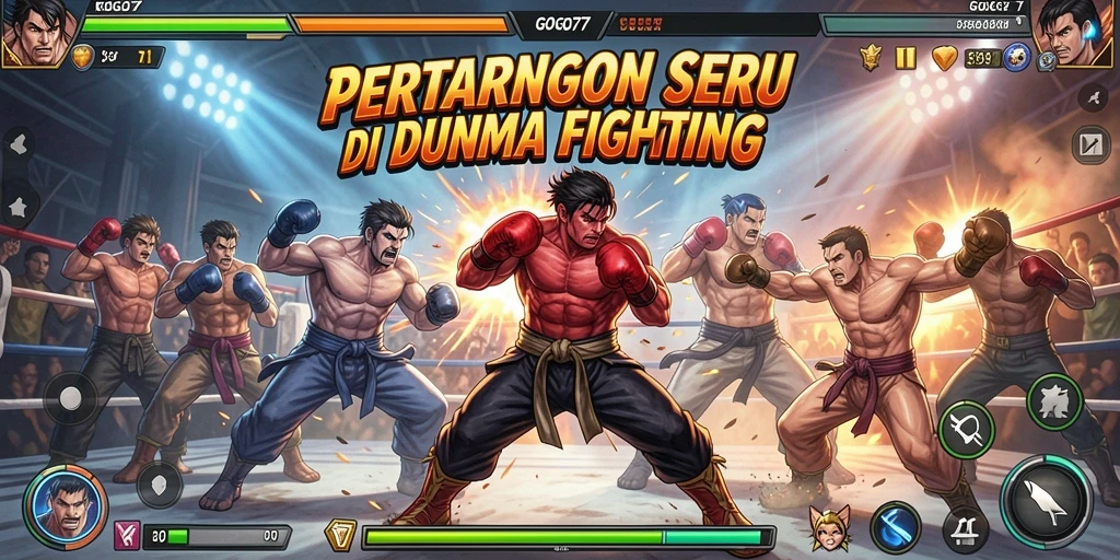 Screenshot GOGO77 menunjukkan pertarungan karakter yang dinamis dan seru.