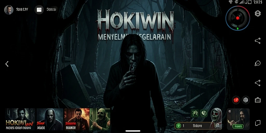 Screenshot gameplay HOKIWIN menunjukkan suasana horor yang mencekam.