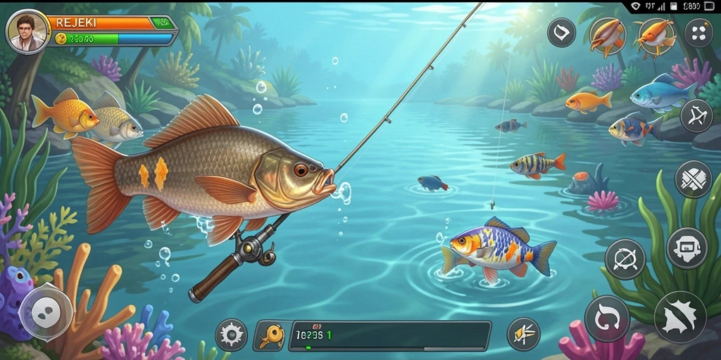 Screenshot utama REJEKI menampilkan gameplay menarik memancing di lautan.