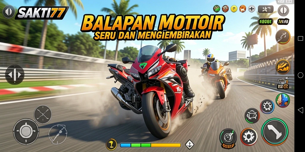 Tampilan gameplay SAKTI77 saat balapan motor di trek yang menantang.