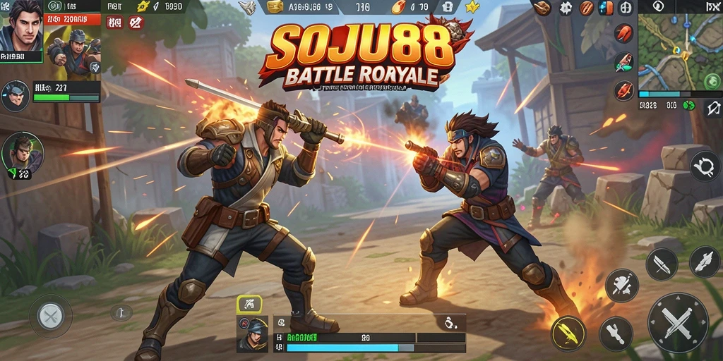 Screenshot menunjukkan aksi seru dalam gameplay Battle Royale SOJU88.