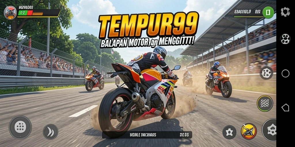 Screenshot TEMPUR99 menampilkan aksi balapan motor yang mendebarkan.