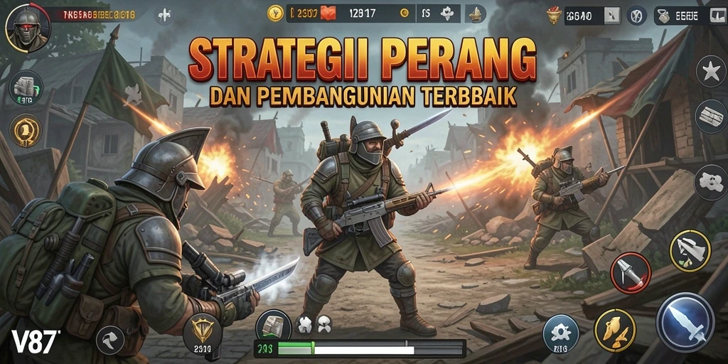 Tampilan gameplay V87 yang menampilkan aksi strategis dan pembangunan kerajaan.