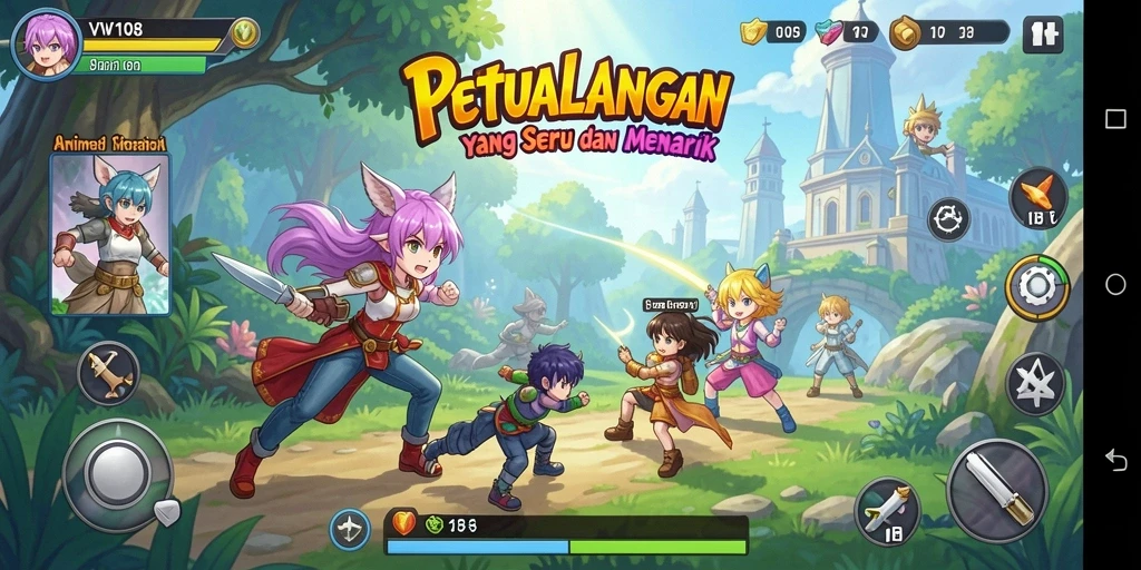 Tampilan gameplay VW108 yang penuh warna dan karakter menarik.